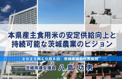八島功男議員が、主食用米の安定供給向上と持続可能な茨城農業のビジョンを質問／県議会代表質問